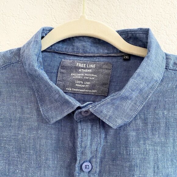 Free Line Athens Men’s Button Up 100% Linen Shirt Blue Regular Fit  Size 2XL - Picture 2 of 10